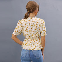 Load image into Gallery viewer, Flower Print Puff Sleeve Female Tops Ruffled V Neck Elastic Waist Short Sleeved Tee E Girl  T Shirt for Women Streetwear