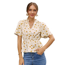 Load image into Gallery viewer, Flower Print Puff Sleeve Female Tops Ruffled V Neck Elastic Waist Short Sleeved Tee E Girl  T Shirt for Women Streetwear