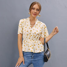 Load image into Gallery viewer, Flower Print Puff Sleeve Female Tops Ruffled V Neck Elastic Waist Short Sleeved Tee E Girl  T Shirt for Women Streetwear