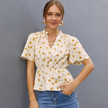 Load image into Gallery viewer, Flower Print Puff Sleeve Female Tops Ruffled V Neck Elastic Waist Short Sleeved Tee E Girl  T Shirt for Women Streetwear