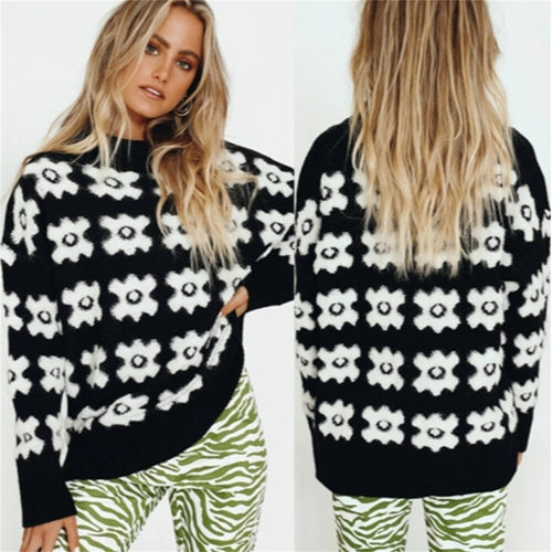 Flower Winter Sweater Women  2021 New Casual Loose Pullover Round Neck Long-sleeved Thick Knitted Top