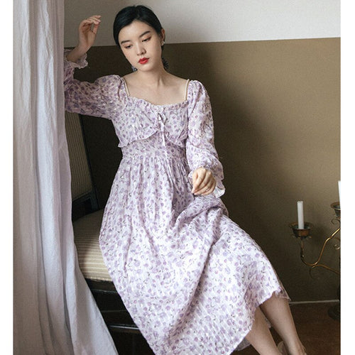 French Beaded Strapless Sexy Vestido Floral Feminina Purple Sweet Romantic Chiffon Print Fairy Dress Fall Dresses for women 2021