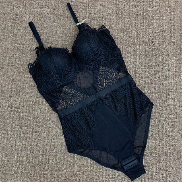 French Brand Super Push Up Bra Set Sexy Lace Bodycon Women Underwear Embroidery Hollow Corset Sleepwear Onesies Panties Set