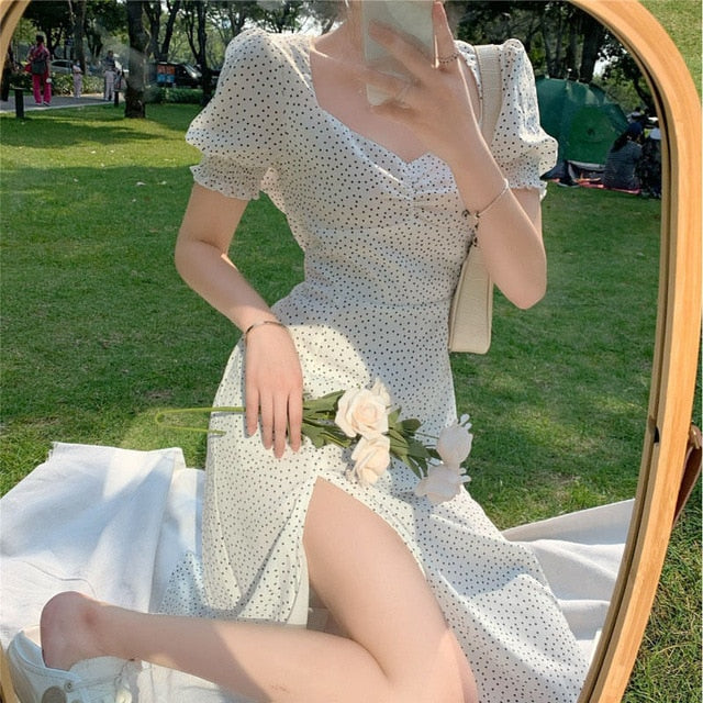 French Chiffon Dress Women Puff Sleeve Point Print Vintage Retro Dress Office Lady Casual Summer Elegant Split Dress Women 2020