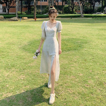 Load image into Gallery viewer, French Chiffon Dress Women Puff Sleeve Point Print Vintage Retro Dress Office Lady Casual Summer Elegant Split Dress Women 2020