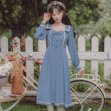 Load image into Gallery viewer, French Elegant Blue Dress Female Fall Robe Femme Lotus Leaf Stitching Retro Square Collar Dress Lady Bow Cute Party Dress Fairy