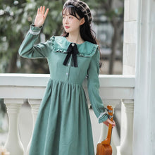 Load image into Gallery viewer, French Elegant Dresses Cute Soft Female Mori Green Midi Dress mujer Fall Sweet Doll Neck Dress Halloween Costume Lovely Femme