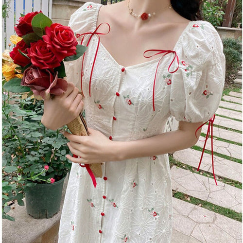 French Elegant Floral Dress Women Summer Casual V-Neck Sweet Split Midi Dress Korean 2021 Puff Sleeve Vintage Party Fairy Dress