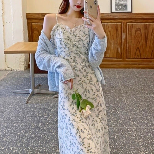 French Elegant Strap Dresses Women Vintage V-neck Chiffon Floral Midi Dresses Female Casual Sexy Holiday Fairy Dress Summer 2021