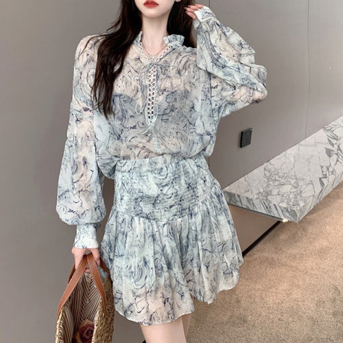 French Fairy V-neck Sunscreen Floral Shirt High Waist Skirt Two-piece Sets Women Conjuntos De Vestido Summer 2021 Ensemble Femme