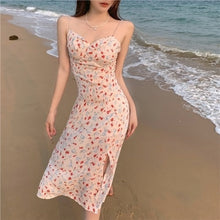 Load image into Gallery viewer, French Floral Pearl Suspender Dress Mid-Length 2021summer New Fresh Split Skirt Women&#39;s Clothing