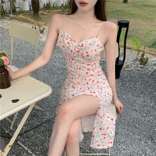 French Floral Pearl Suspender Dress Mid-Length 2021summer New Fresh Split Skirt Women's Clothing