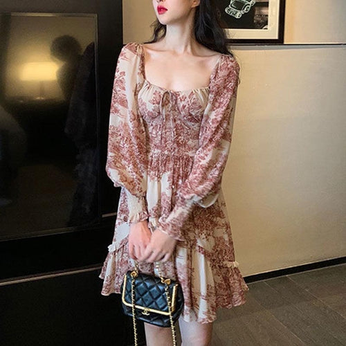 French Floral Sweet Dress Women Floral Print Elegant Puff Sleeve Chiffon Party Dress Outdoor Casual Dress Female Summer 2021