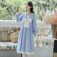 Load image into Gallery viewer, French Girl Dress Kawaii Fall Bowknot Sweet Gentle Blue Lotus Leaf Stitching Doll Collar Lovely Dress Y2K Women&#39;s Clothing 2021