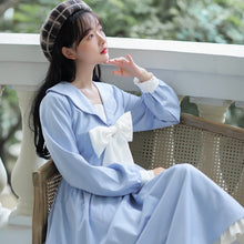 Load image into Gallery viewer, French Girl Dress Kawaii Fall Bowknot Sweet Gentle Blue Lotus Leaf Stitching Doll Collar Lovely Dress Y2K Women&#39;s Clothing 2021