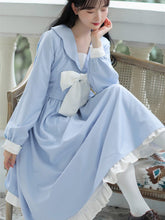 Load image into Gallery viewer, French Girl Dress Kawaii Fall Bowknot Sweet Gentle Blue Lotus Leaf Stitching Doll Collar Lovely Dress Y2K Women&#39;s Clothing 2021