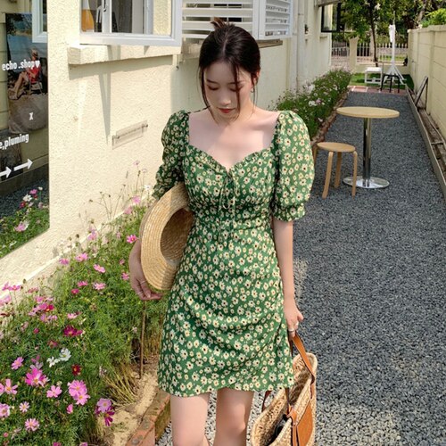 French Green Floral Dresses Women Sexy V-Neck Chiffon Korean Elegant Sweet Dress Casual Backless Party Mini Dress Summer 2021