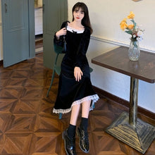 Load image into Gallery viewer, French Lace Retro Dresses Square Collar Velvet Dress Women Autumn Winter Splice Long-Sleeve Dress Palace Plus Size Long Skirt
