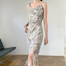 Load image into Gallery viewer, French Print Ink Sling Dress Women Sexy Inner V-neck Temperament Chiffon Slimming A-line Backless Dress Slit Suspender Dresses