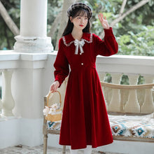 Load image into Gallery viewer, French Retro Doll Collar Dress Female Autumn Long Sleeve Bow Lotus Leaf Stitching Cute Dress Robe Femme Retro Red Vestido Midi