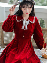 Load image into Gallery viewer, French Retro Doll Collar Dress Female Autumn Long Sleeve Bow Lotus Leaf Stitching Cute Dress Robe Femme Retro Red Vestido Midi