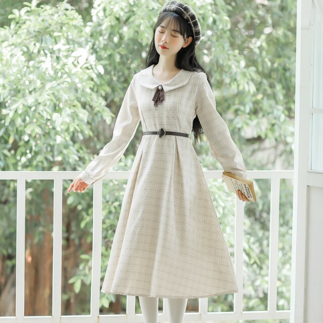 French Retro Dress Women's Casual Autumn 2021 Beaded Bow Sweet and Cute Irregular Doll Collar Chic Dress Long Sleeve Vestidos