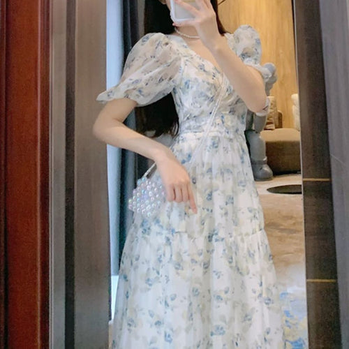French Retro Elegan Floral Dress Women High Waist V-Neck Vintage Midi Dress Korean Short Sleeve Beach Outing Sweet Dress 2021