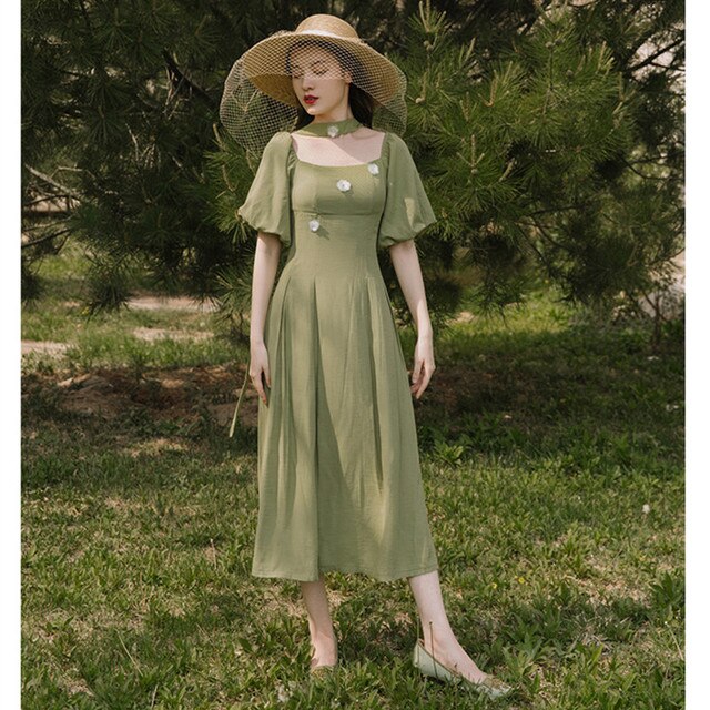 French Retro Girl Elegant Dress Women Summer 2021 Niche Chic Ladies Square Neck Puff Sleeve Elegant Flowers Sweet Dress Female