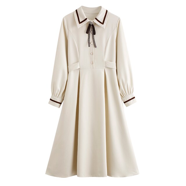 French Retro Long Sleeve Dress Women Casual Autumn Vestidos 2021 AliExpress Hot Sale Literary Girl Apricot Dresses Elegant Midi