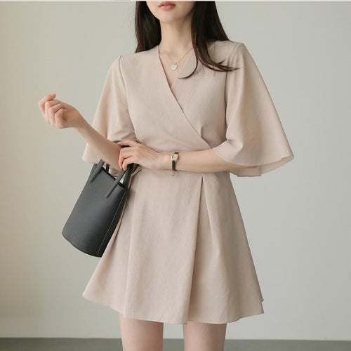 French Retro V-neck Dress Female Summer New Simple Slim Waist Solid Butterfly Sleeve Vestidos Office Lady Elegant Femme Robe