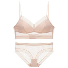 Load image into Gallery viewer, French Sexy Polka Dot Lace Bra Set Women Deep V-Neck Thin Push Up Underwear Backless Top Women Transparent Panties Lingerie Set