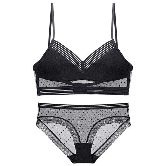French Sexy Polka Dot Lace Bra Set Women Deep V-Neck Thin Push Up Underwear Backless Top Women Transparent Panties Lingerie Set