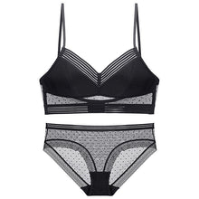Load image into Gallery viewer, French Sexy Polka Dot Lace Bra Set Women Deep V-Neck Thin Push Up Underwear Backless Top Women Transparent Panties Lingerie Set