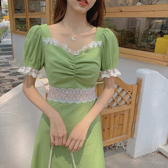 French Square Neck Dress Women Summer Party Dress New Lace Splicing Trumpet Sleeve Sweet Retro Dress Slim Slit Dress