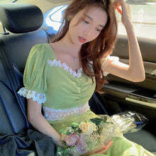 Load image into Gallery viewer, French Square Neck Dress Women Summer Party Dress New Lace Splicing Trumpet Sleeve Sweet Retro Dress Slim Slit Dress