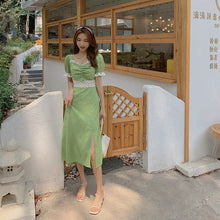 Load image into Gallery viewer, French Square Neck Dress Women Summer Party Dress New Lace Splicing Trumpet Sleeve Sweet Retro Dress Slim Slit Dress