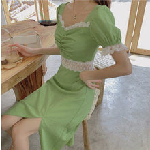 Load image into Gallery viewer, French Square Neck Dress Women Summer Party Dress New Lace Splicing Trumpet Sleeve Sweet Retro Dress Slim Slit Dress