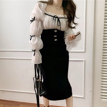 Load image into Gallery viewer, French Style Spring Women&#39;s Dress Office Lady Elegant Chiffon Patchwork Bow Square Collar Lantern Sleeve Slim Fashion Dresses