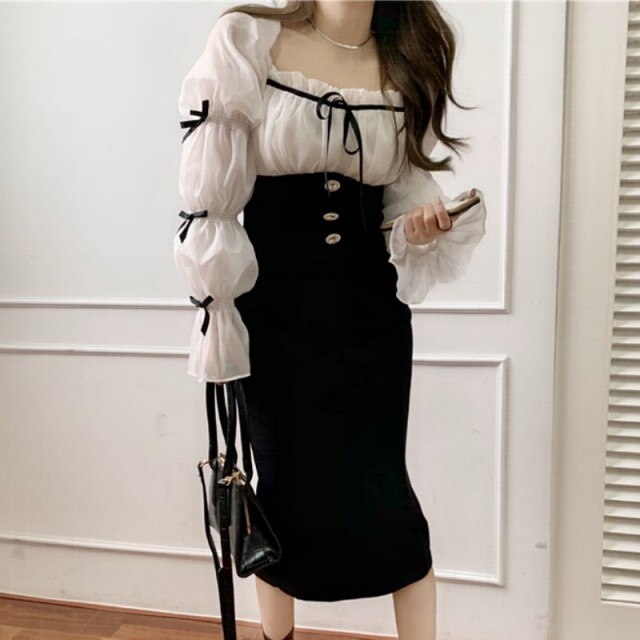 French Style Spring Women's Dress Office Lady Elegant Chiffon Patchwork Bow Square Collar Lantern Sleeve Slim Fashion Dresses