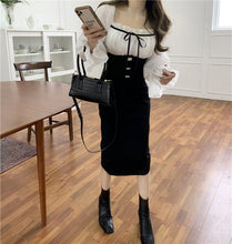 Load image into Gallery viewer, French Style Spring Women&#39;s Dress Office Lady Elegant Chiffon Patchwork Bow Square Collar Lantern Sleeve Slim Fashion Dresses