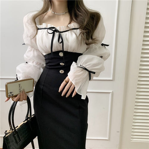 French Style Spring Women's Dress Office Lady Elegant Chiffon Patchwork Bow Square Collar Lantern Sleeve Slim Fashion Dresses
