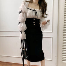 Load image into Gallery viewer, French Style Spring Women&#39;s Dress Office Lady Elegant Chiffon Patchwork Bow Square Collar Lantern Sleeve Slim Fashion Dresses
