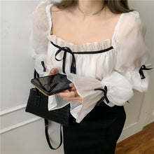 Load image into Gallery viewer, French Style Spring Women&#39;s Dress Office Lady Elegant Chiffon Patchwork Bow Square Collar Lantern Sleeve Slim Fashion Dresses