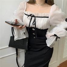 Load image into Gallery viewer, French Style Spring Women&#39;s Dress Office Lady Elegant Chiffon Patchwork Bow Square Collar Lantern Sleeve Slim Fashion Dresses