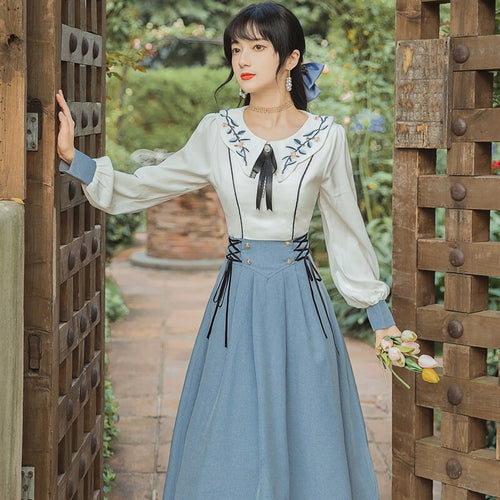 French Style Vintage Woman Dress Sweet Embroidery Peter Pan Collar Lantern Sleeve Bandage Mori Girl Dresses Vestidos Largos