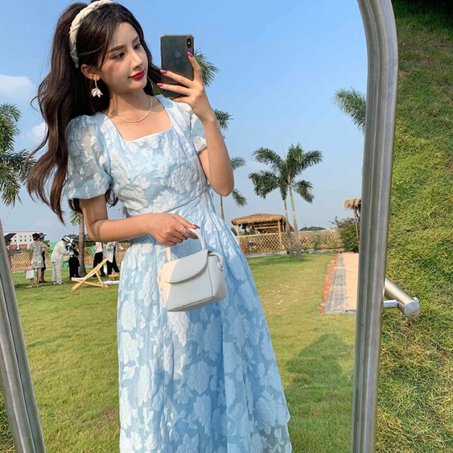 French Sweet Square Collar Puff Sleeve Sexy Women Maxi Party Long Beach Office Casual Dress Elegant Vestido Vintage Lady Dresses