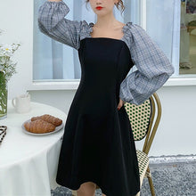 Load image into Gallery viewer, French Temperament Dress Women Square Neck Sweet Splicing Retro Plaid Little Black Dresses Female Autumn Slim Long-Sleeve Dress