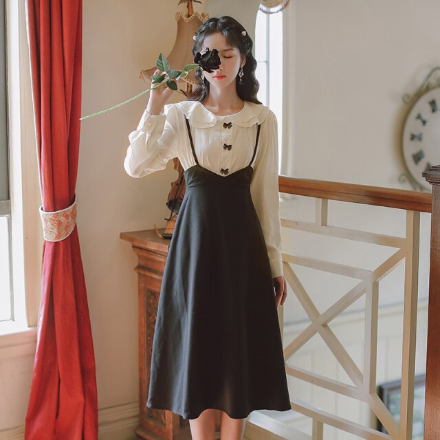 French Temperament Dresses Long Sleeve Women Autumn Black Bowknot Chic Elegant Doll Collar Sweet Cute Female Gentle  Maxi Dress