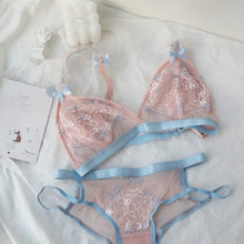 Load image into Gallery viewer, French Underwear Bralette Lace Push Up Triangle Cup Ultra Thin Wire Free Bra and Panties Set Blue and Pink Bra Set