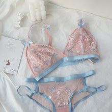 Load image into Gallery viewer, French Underwear Bralette Lace Push Up Triangle Cup Ultra Thin Wire Free Bra and Panties Set Blue and Pink Bra Set
